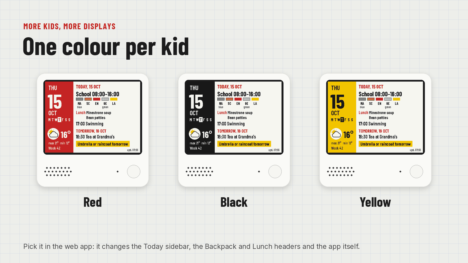 The Today page with a red, a black and a yellow accent.