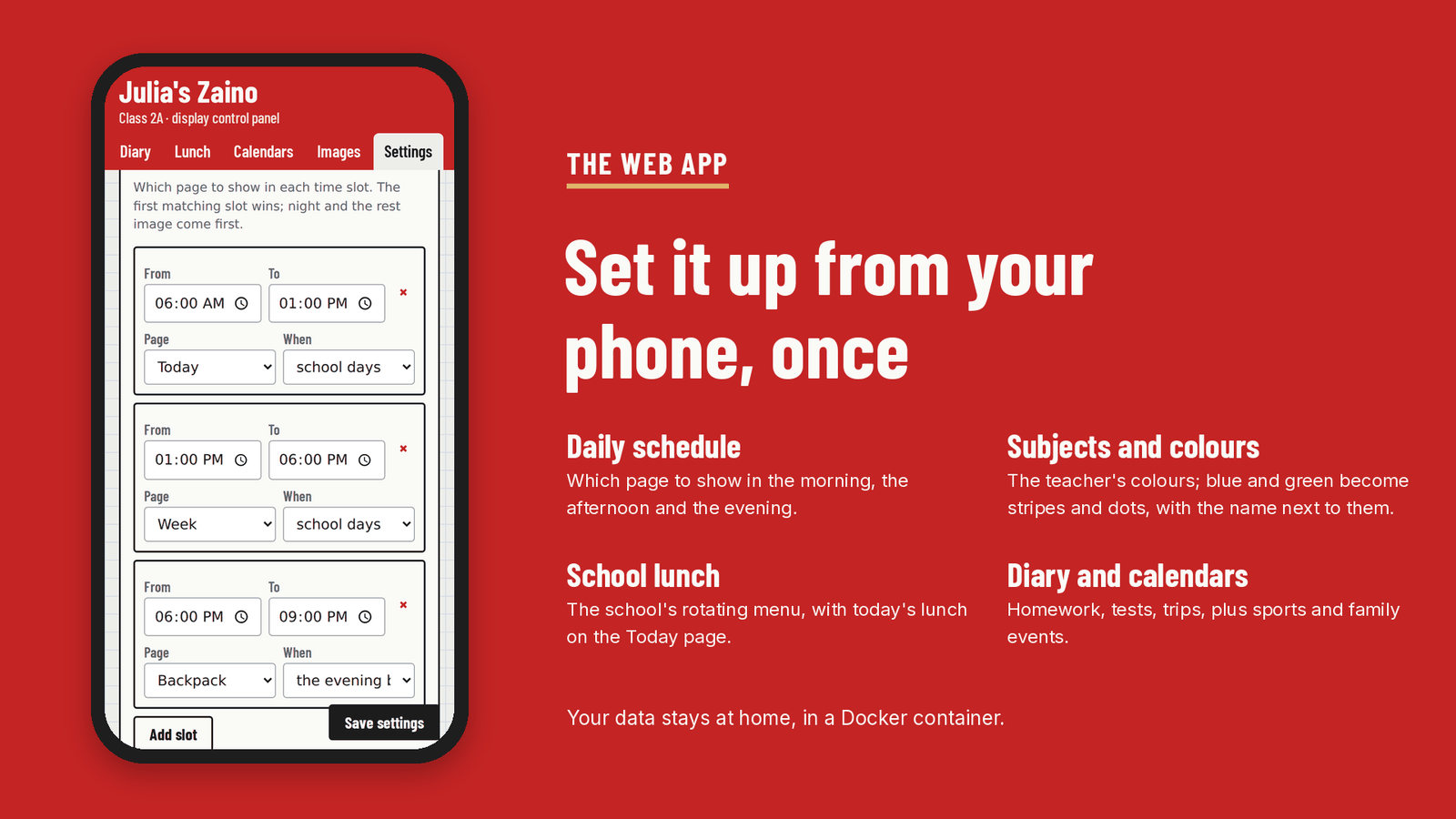 The web app on a phone, showing the daily schedule.
