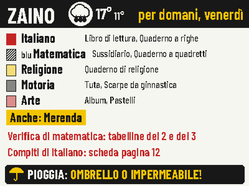La pagina Zaino sul display: italiano, matematica, religione, motoria e arte con il materiale, una verifica, i compiti e l'avviso pioggia.